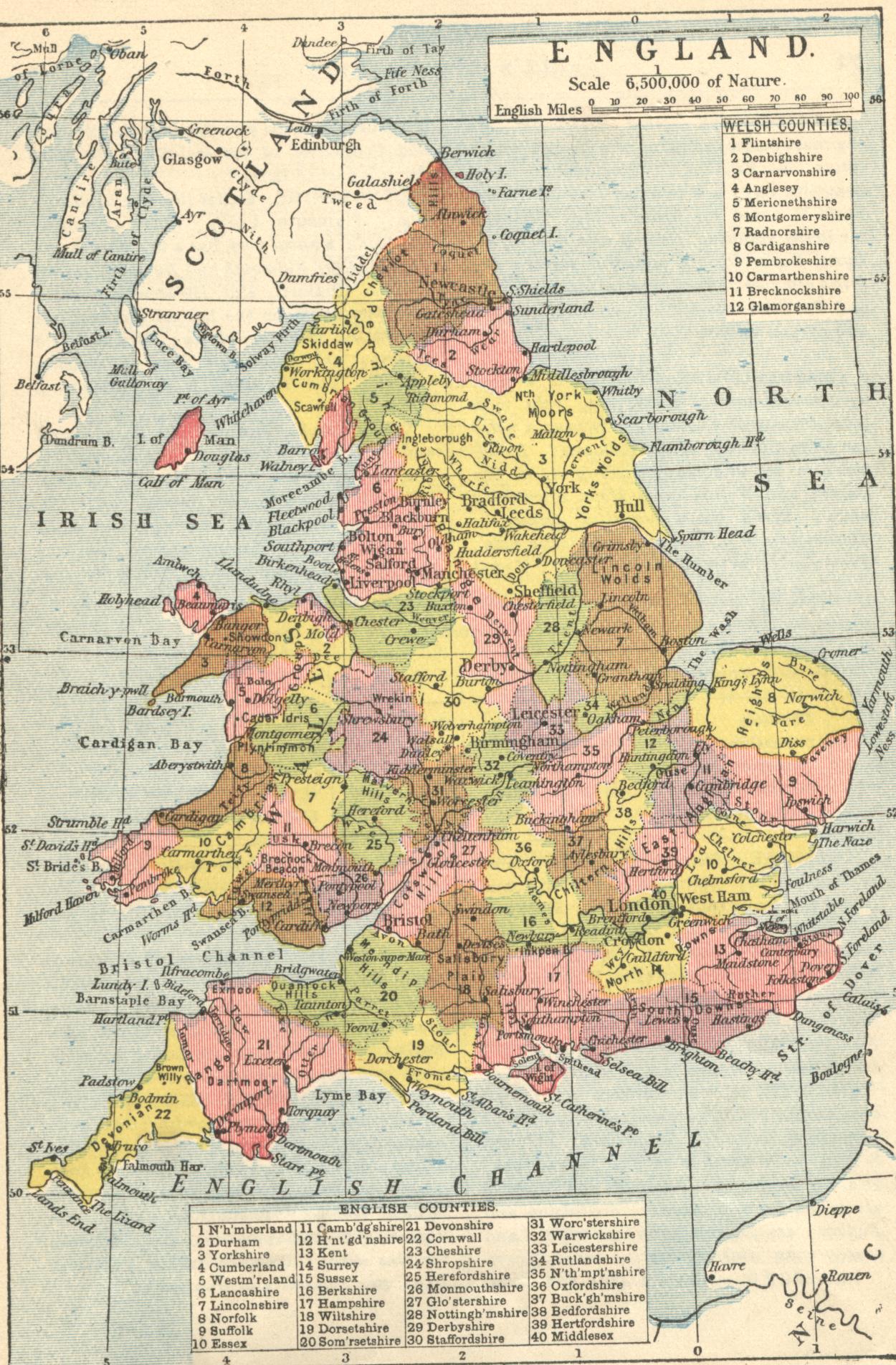 Map of England and Wales in 1928 reprint of
1864 Geography Book